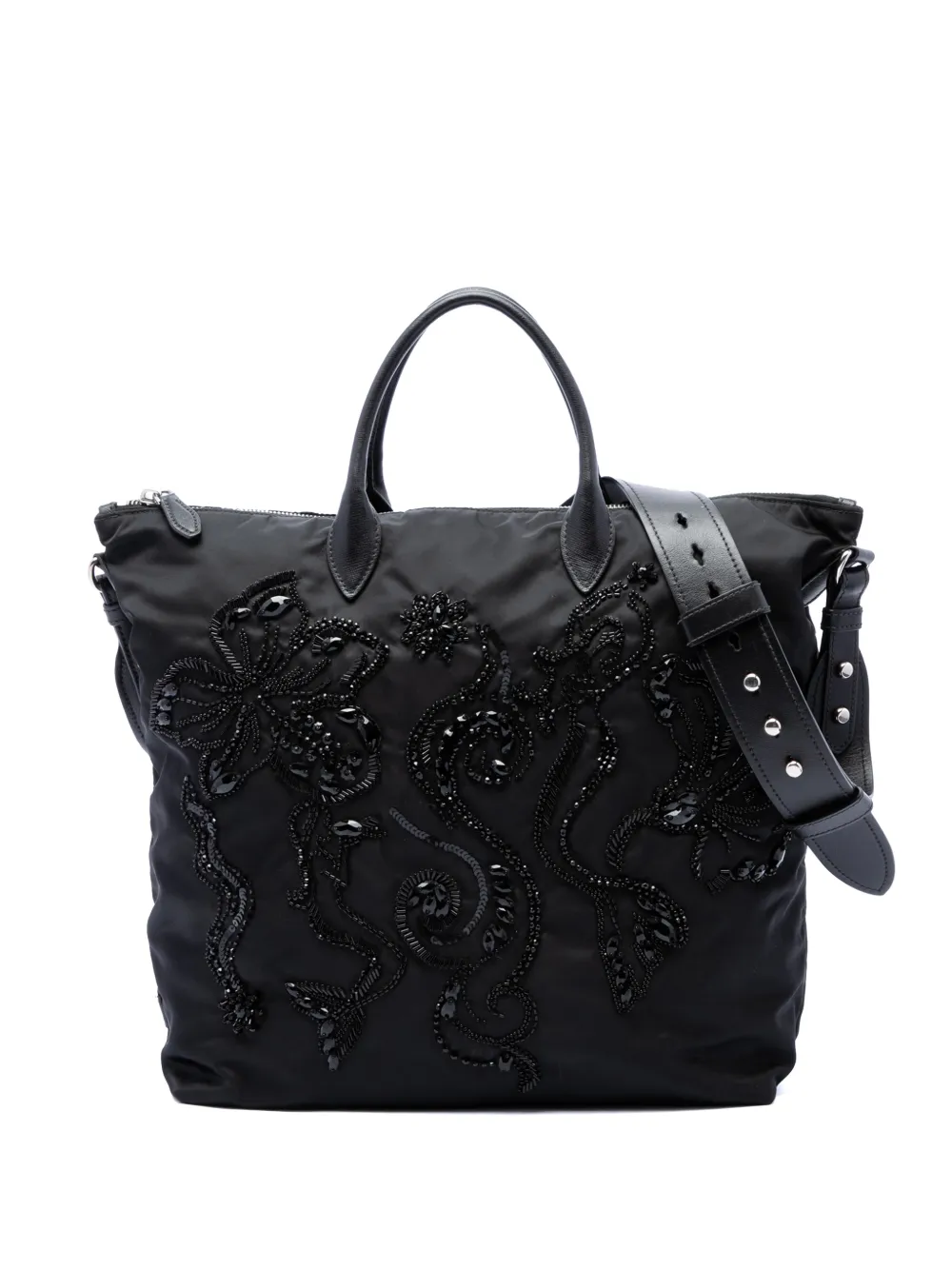 Prada Pre-Owned 2013-2026 Beaded Tessuto Floral Applique Convertible Tote satchel - Nero