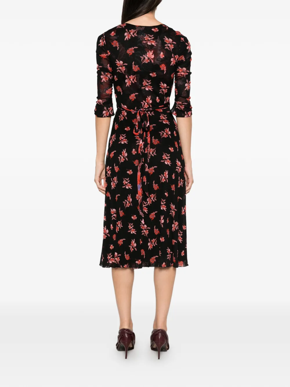 DVF Diane von Furstenberg Carmen floral-print ruched-sleeve midi dress Zwart