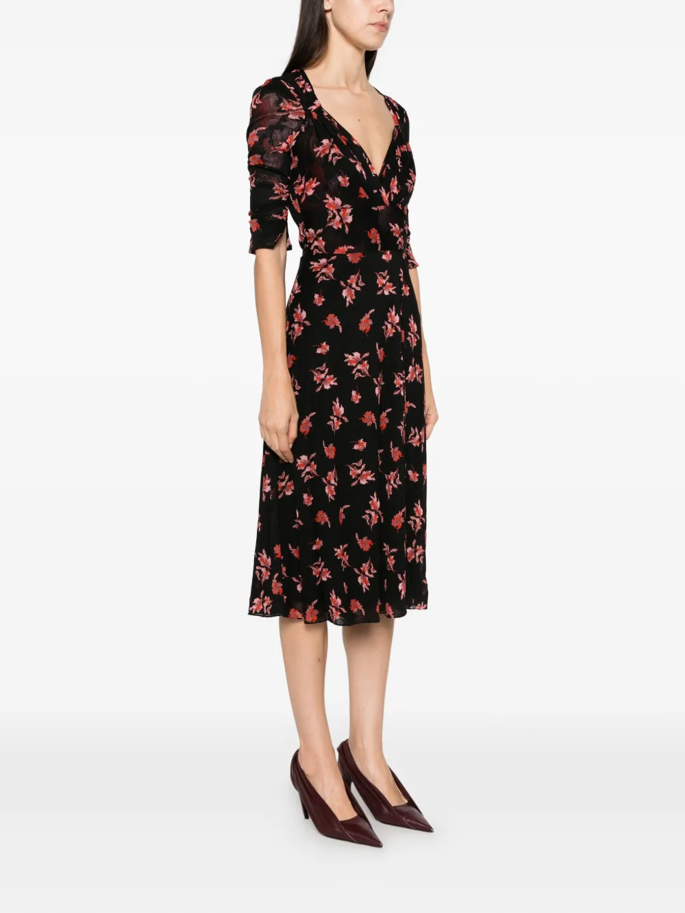DVF Diane von Furstenberg Carmen floral-print ruched-sleeve midi dress Zwart