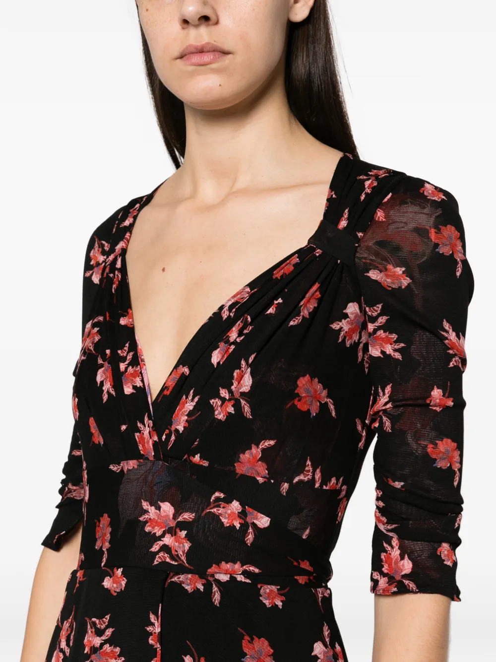 DVF Diane von Furstenberg Carmen floral-print ruched-sleeve midi dress Zwart