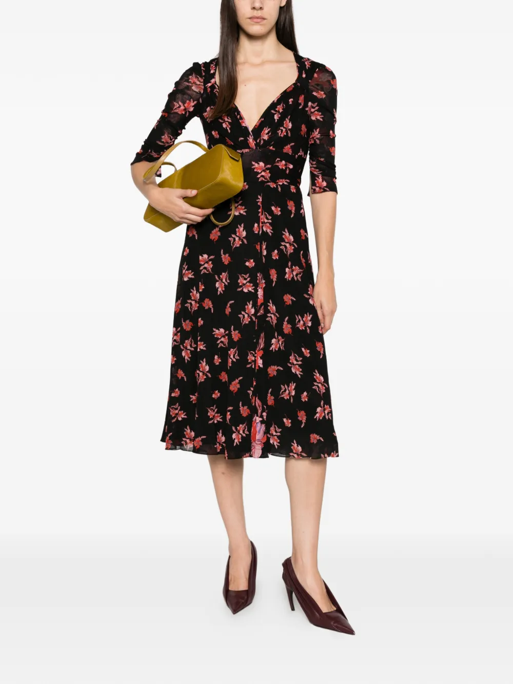 DVF Diane von Furstenberg Carmen floral-print ruched-sleeve midi dress Zwart