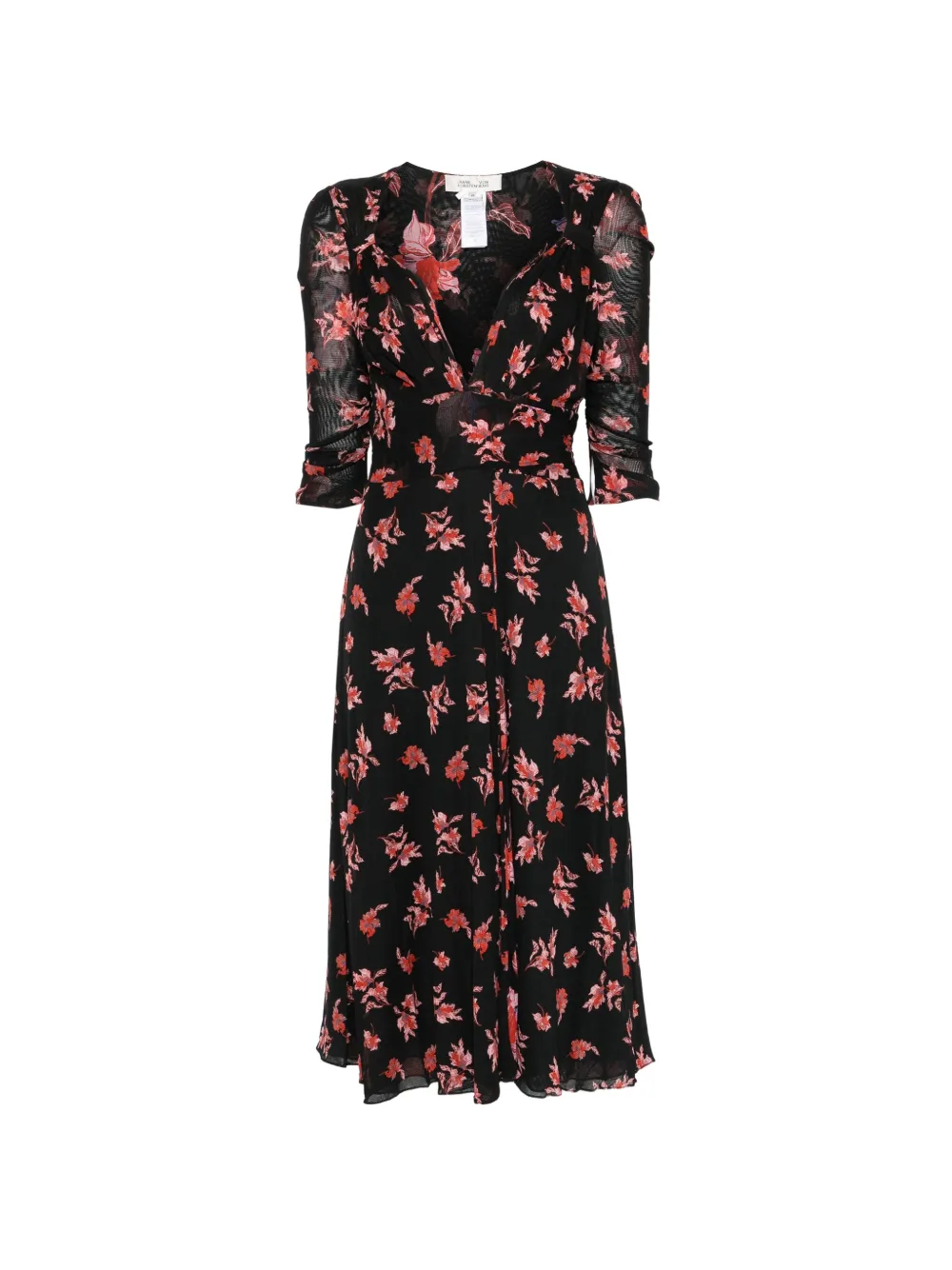 DVF Diane von Furstenberg Carmen floral-print ruched-sleeve midi dress Zwart