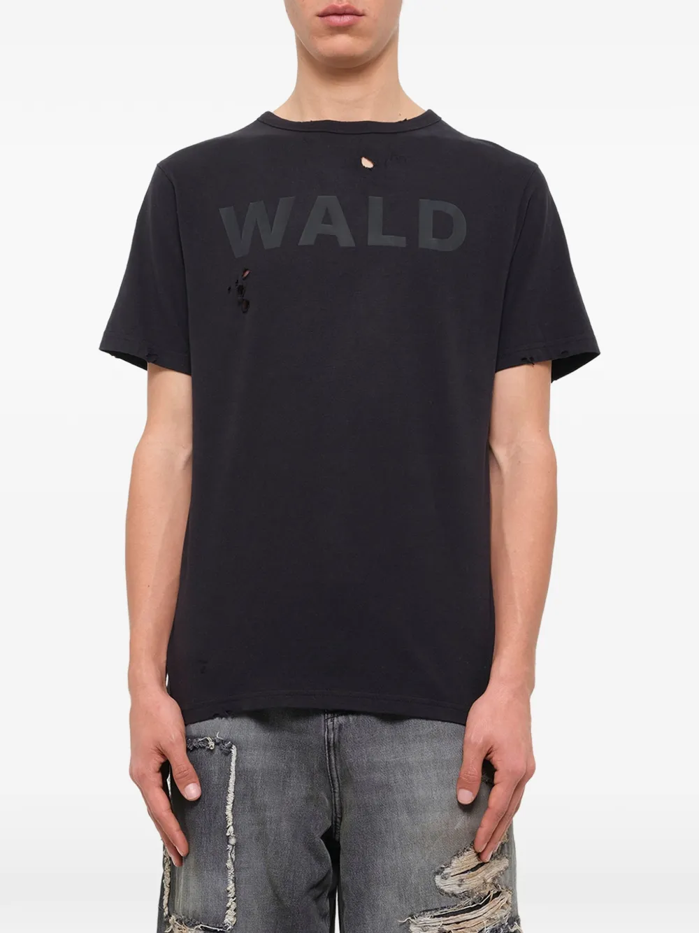 WALD logo-print distressed T-shirt Zwart