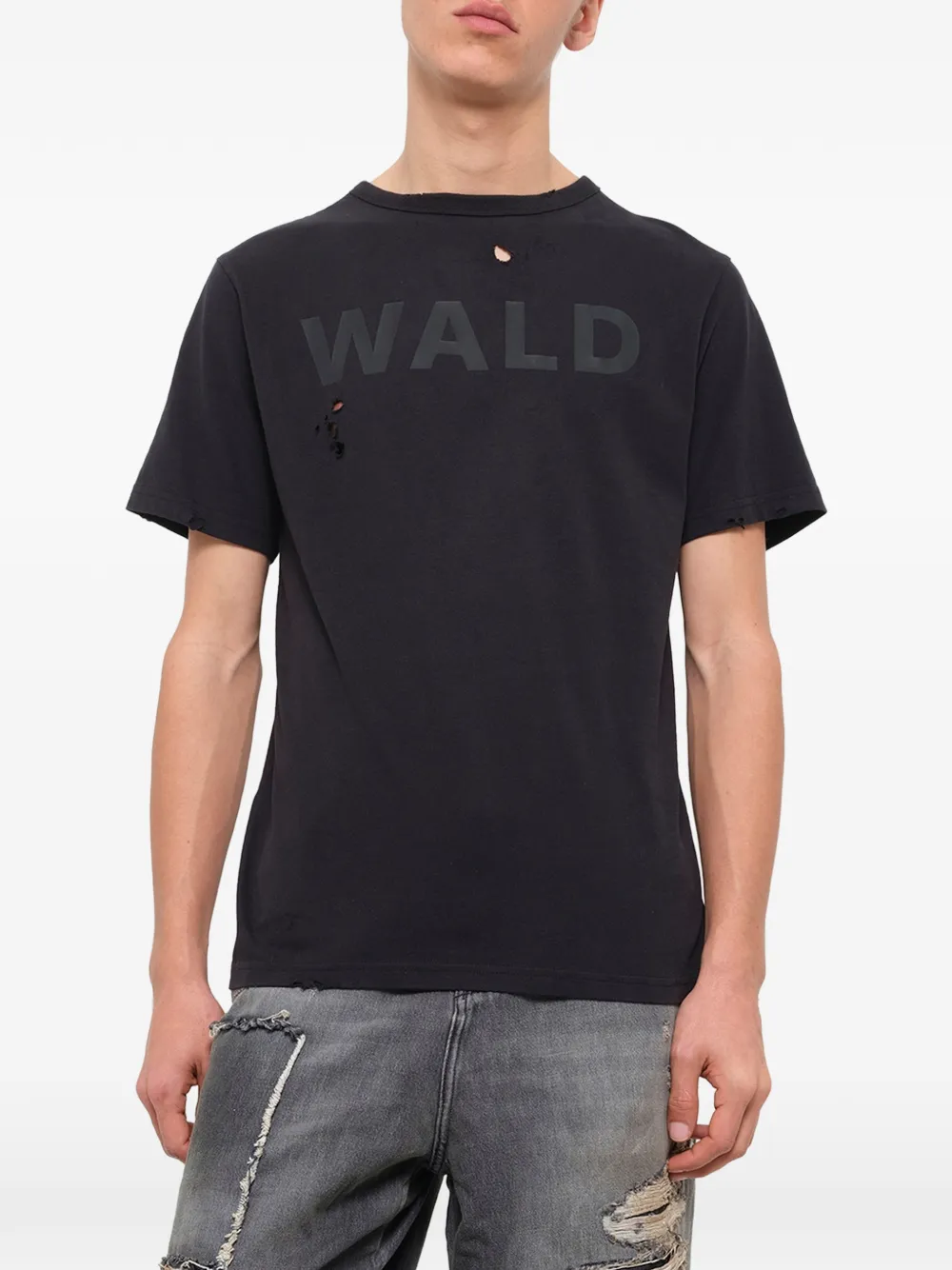 WALD logo-print distressed T-shirt Zwart