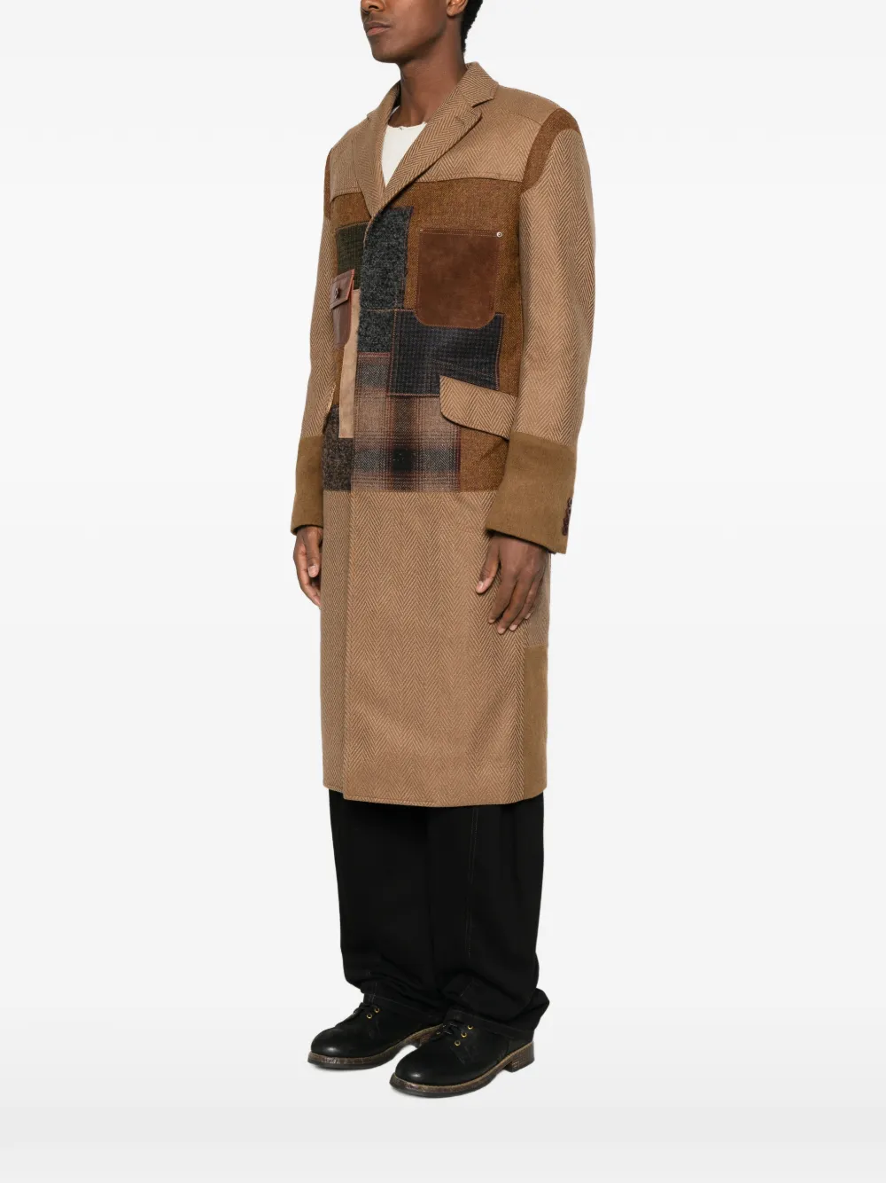 Junya Watanabe MAN Jas met patchwork en visgraatpatroon Bruin