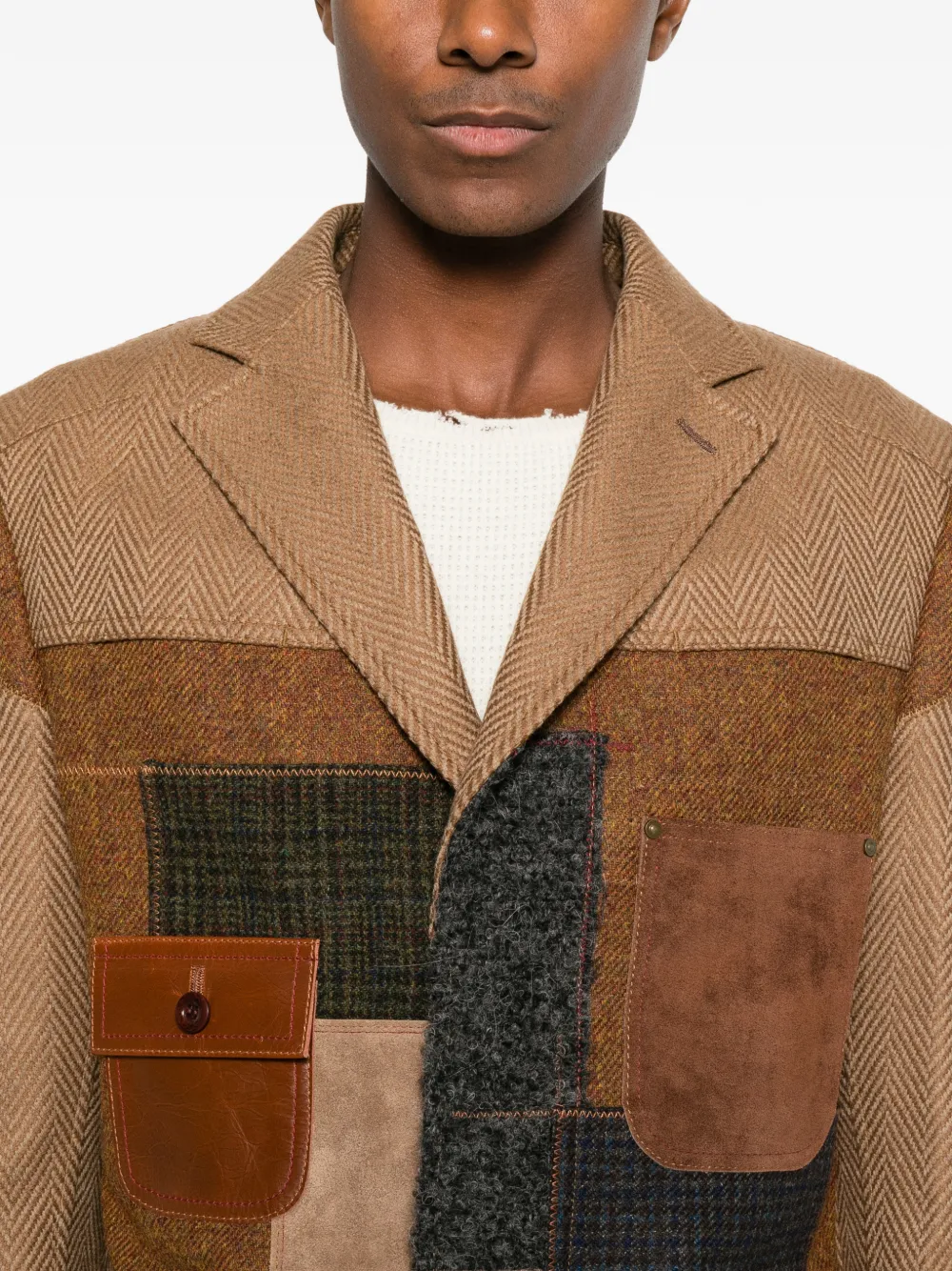 Junya Watanabe MAN Jas met patchwork en visgraatpatroon Bruin