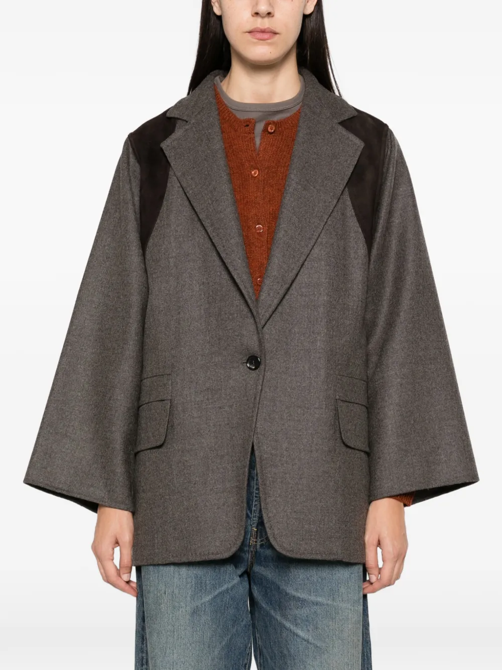 Max Mara suede-panel notched-lapel jacket Grijs
