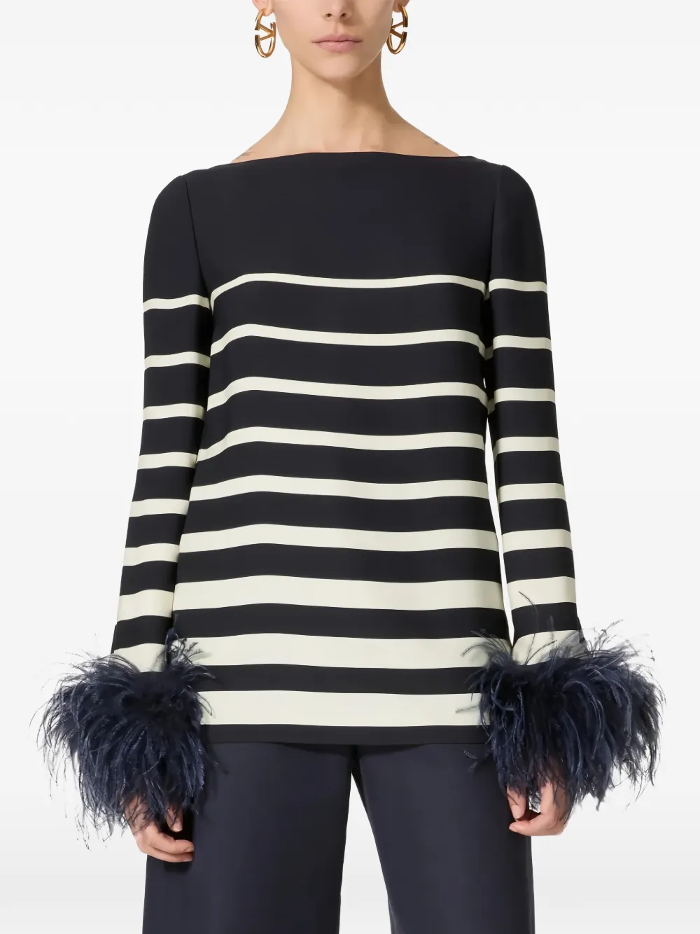Valentino Garavani Gestreepte blouse met afwerking van veren Zwart
