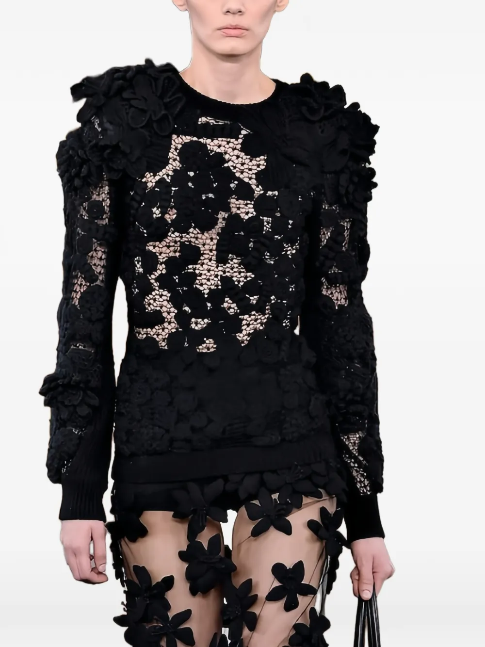 Valentino Garavani floral-appliqué lace sweatshirt - Noir Valentino Garavani floral-appliqué lace sweatshirt - Noir