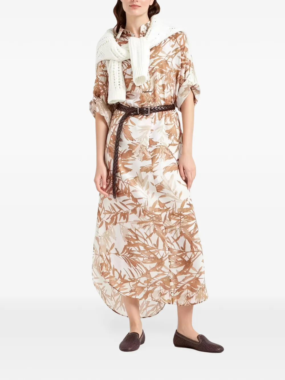 Brunello Cucinelli Zijden maxi-overhemdjurk met blader-print Wit
