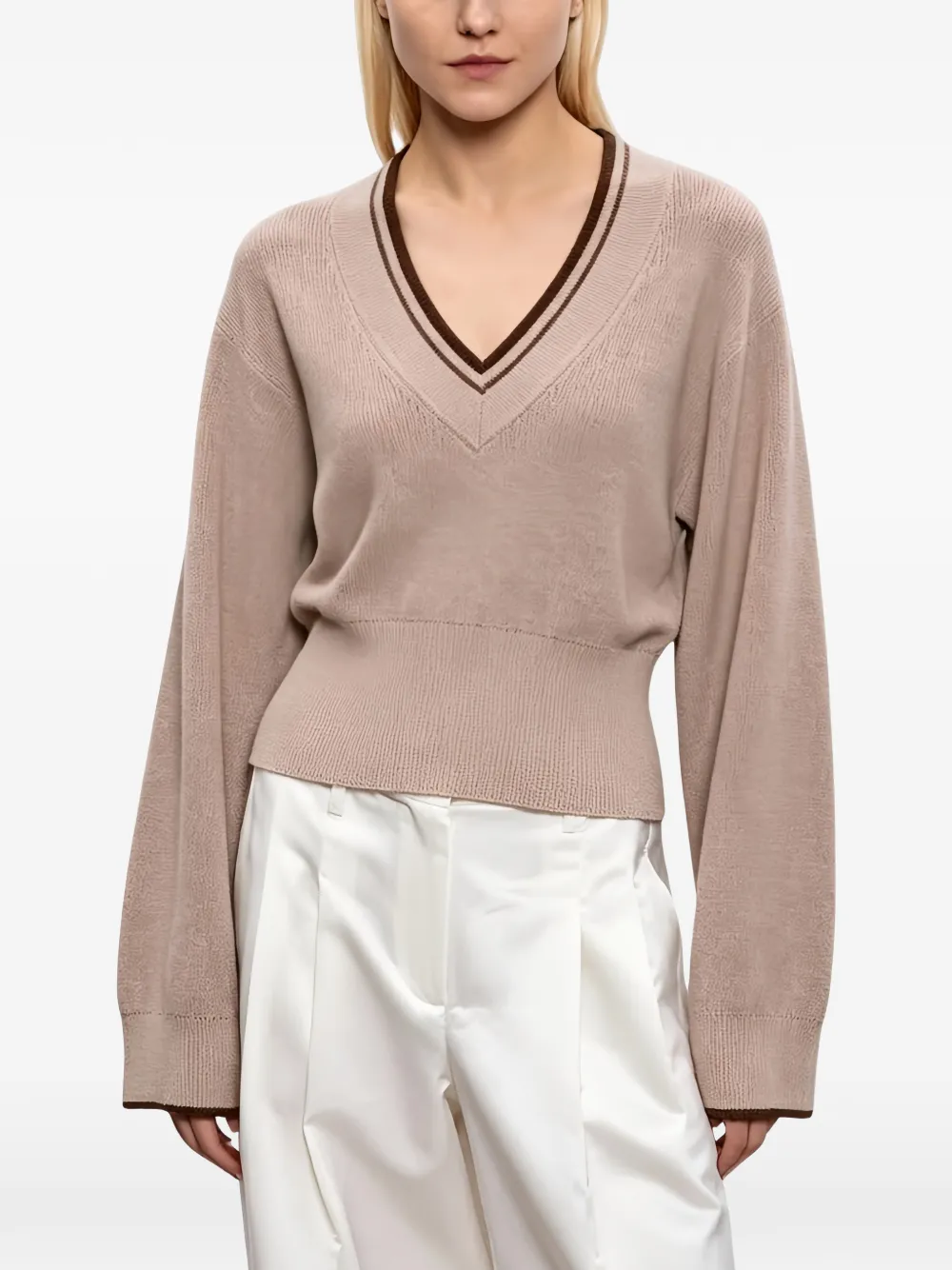 Brunello Cucinelli v-neck stripe-trim sweater - Tons neutres Brunello Cucinelli v-neck stripe-trim sweater - Tons neutres