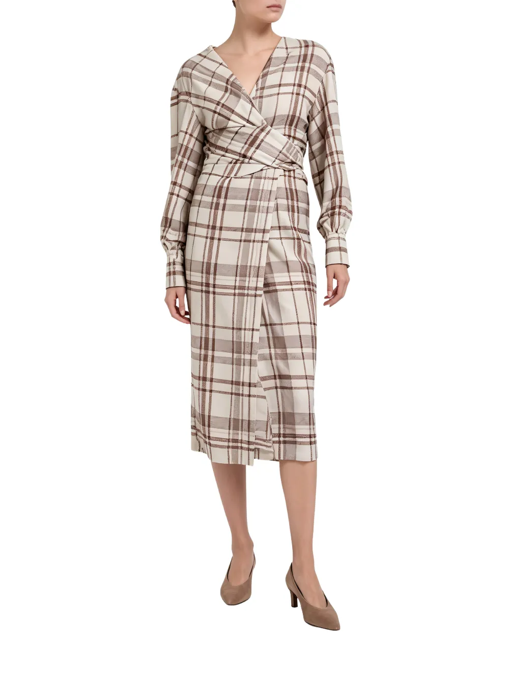 Brunello Cucinelli Geruite midi-jurk in wikkelstijl Beige