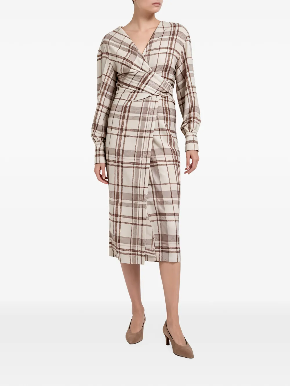 Brunello Cucinelli check-print wrap-style midi dress - Tons neutres Brunello Cucinelli check-print wrap-style midi dress - Tons neutres