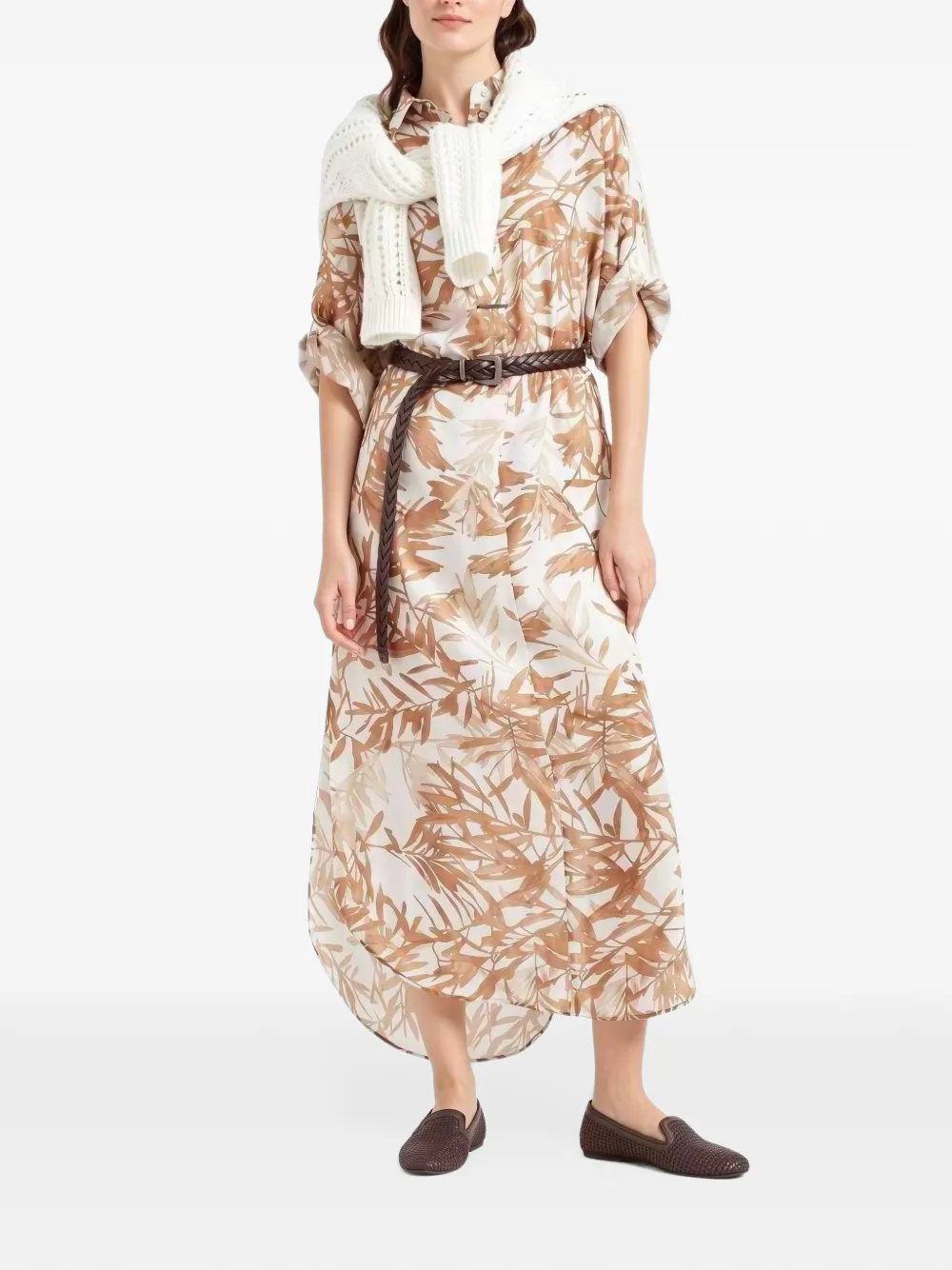 Brunello Cucinelli Zijden midi-overhemdjurk met blader-print Wit