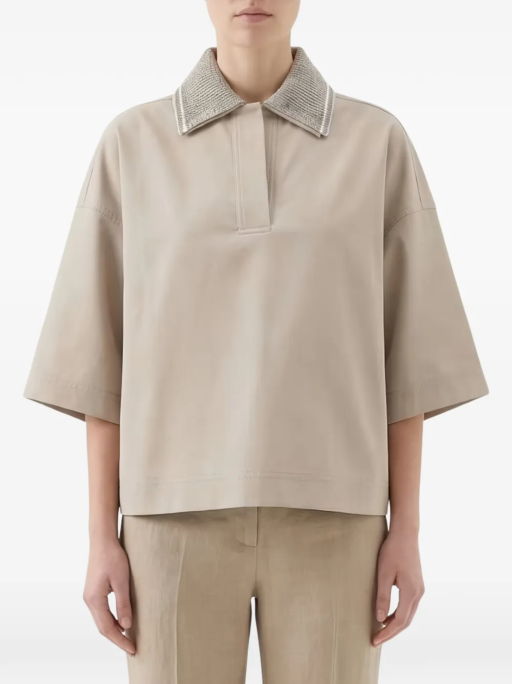 Brunello Cucinelli Poloshirt met geribbelde kraag Beige