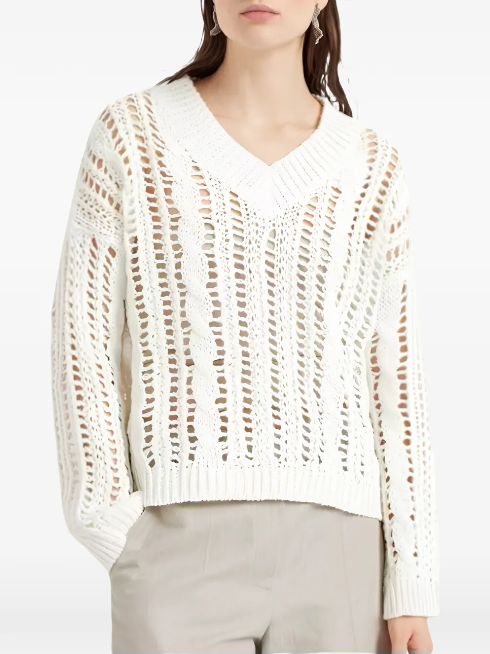 Brunello Cucinelli cable-knit open-work sweater Wit