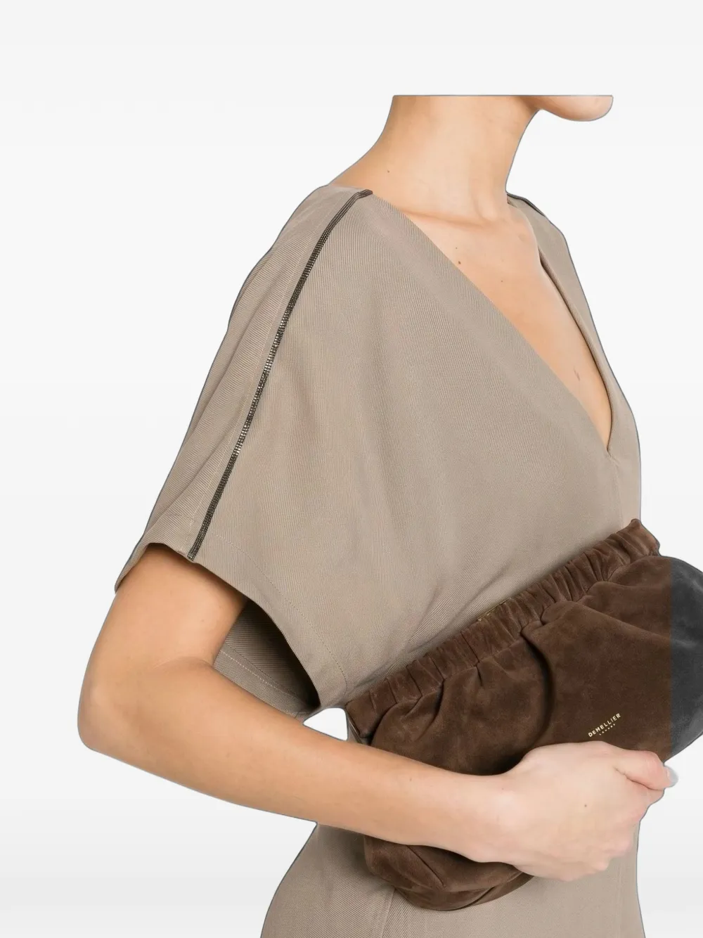 Brunello Cucinelli monili-trim V-neck midi dress Beige
