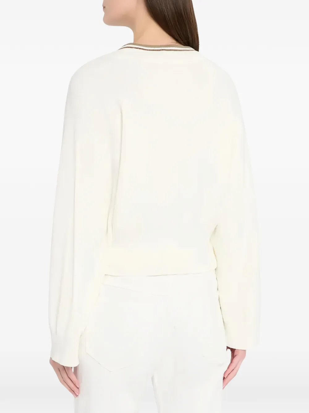 Brunello Cucinelli Trui met gestreepte afwerking en V-hals Wit