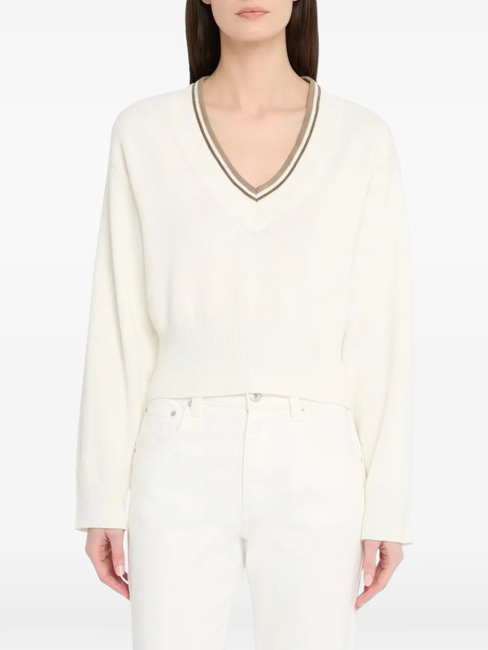 Brunello Cucinelli Trui met gestreepte afwerking en V-hals Wit