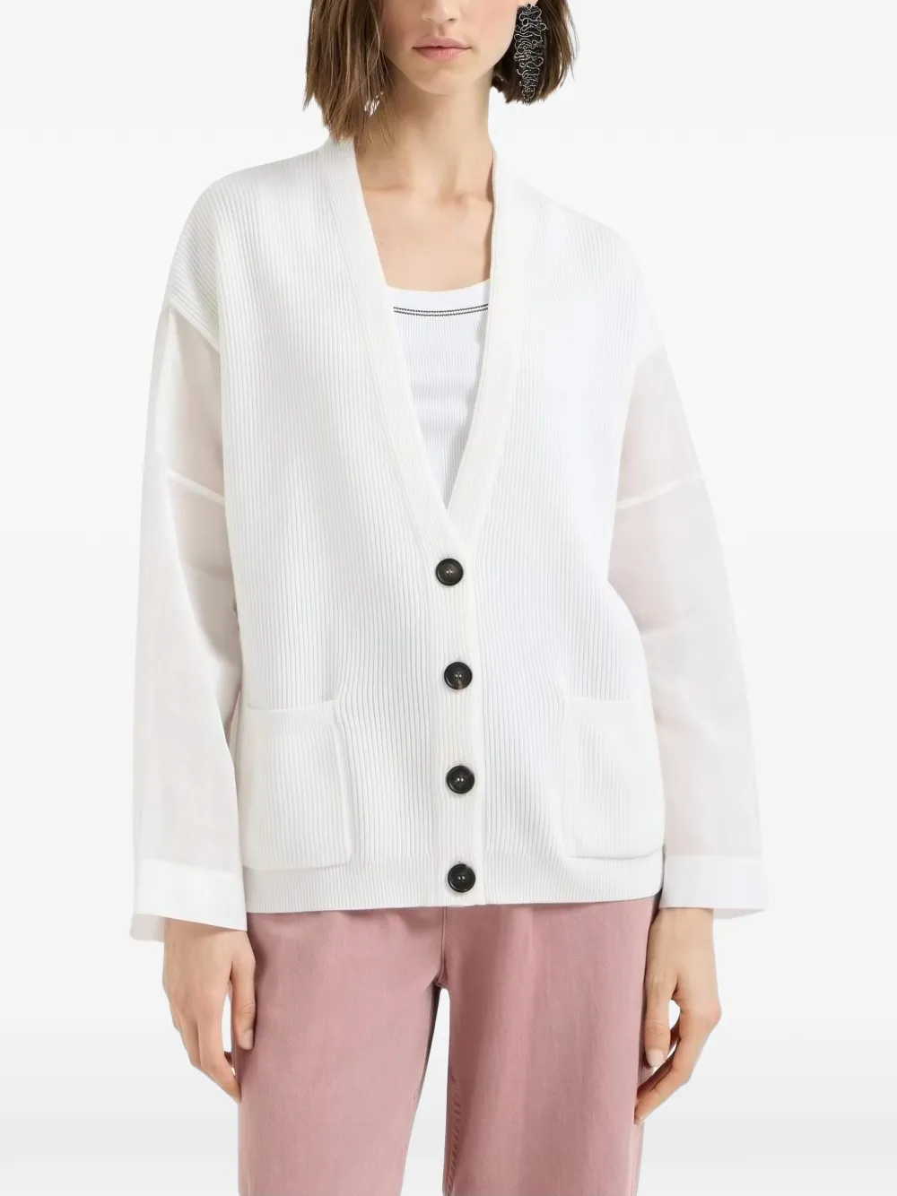 Brunello Cucinelli ribbed-knit sheer-sleeve cardigan - Bianco