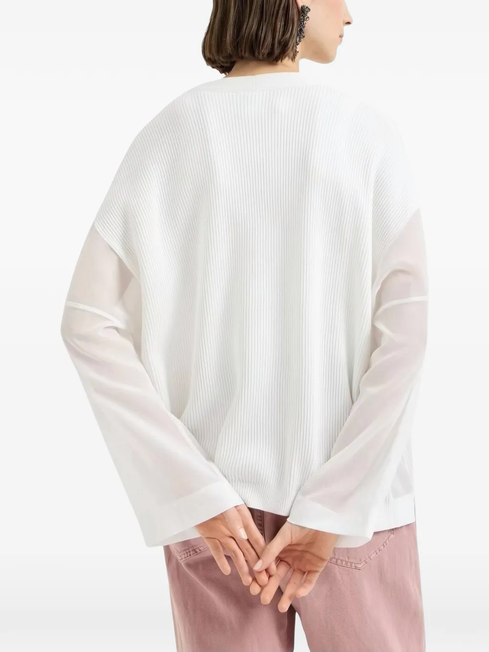 Brunello Cucinelli ribbed-knit sheer-sleeve cardigan Wit