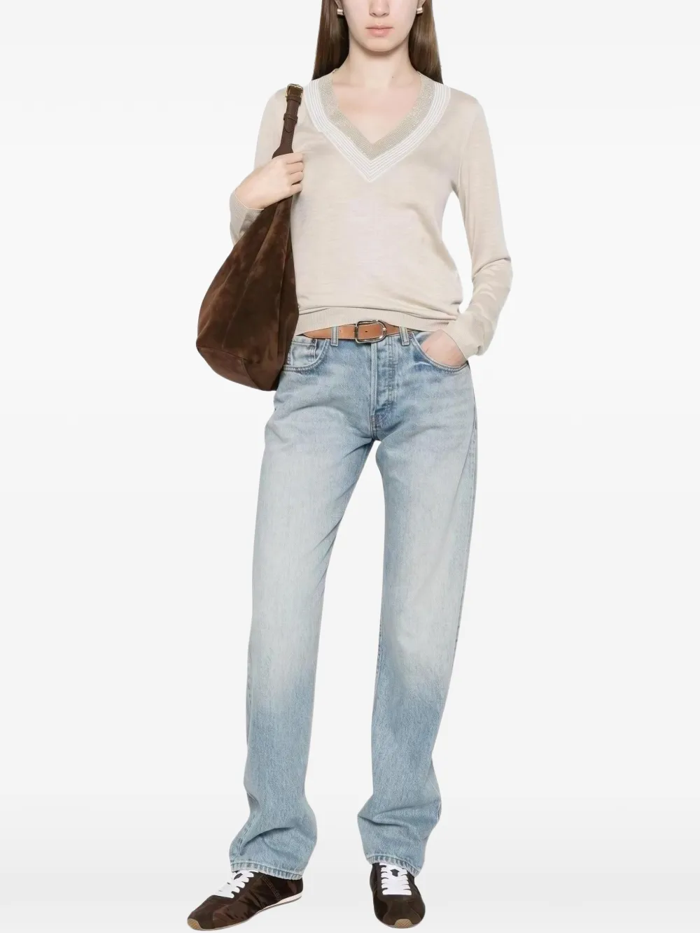 Brunello Cucinelli Monili-trim V-neck sweater - Neutrals