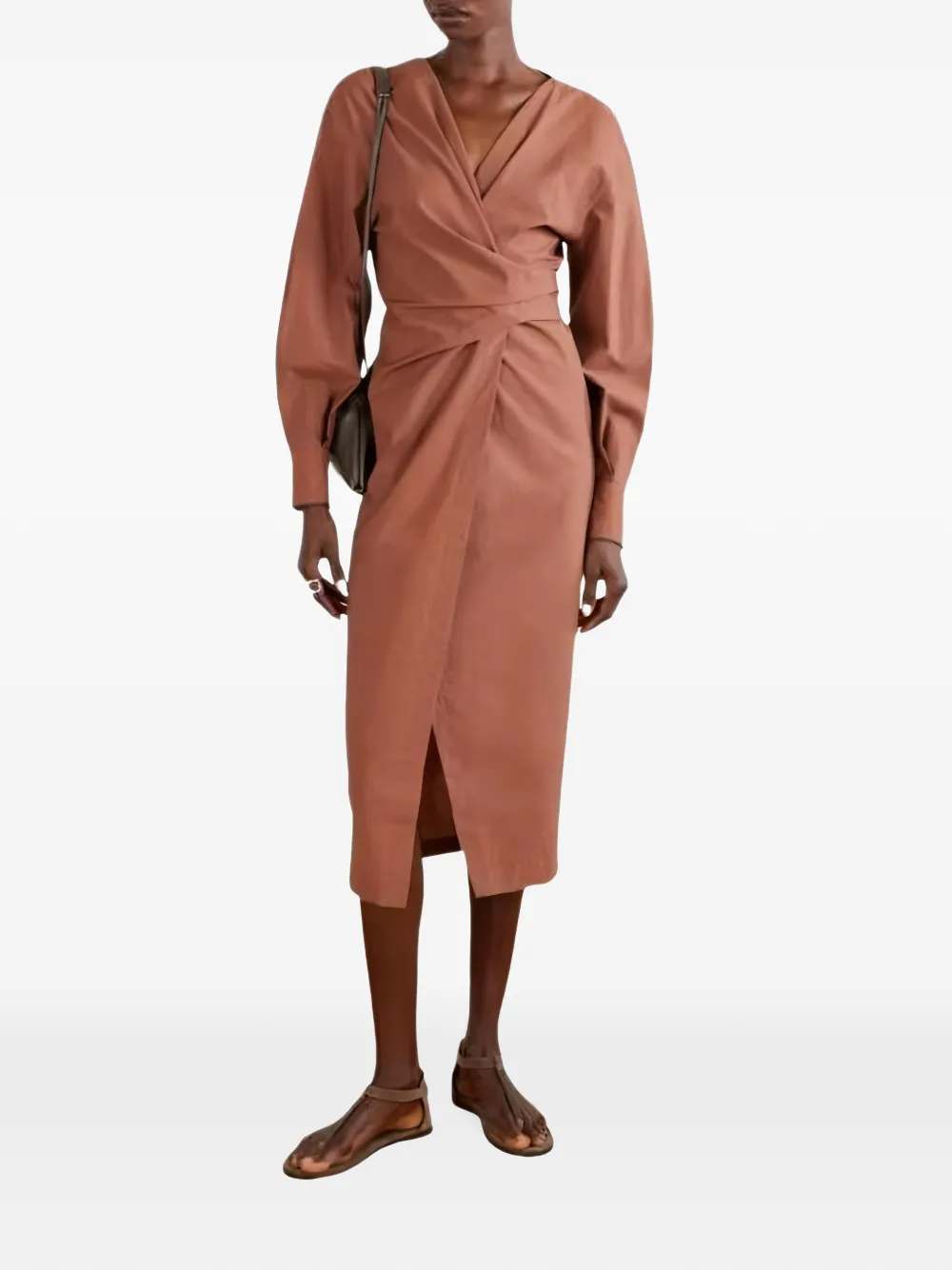 Brunello Cucinelli wrap-style long-sleeve midi dress - Marron Brunello Cucinelli wrap-style long-sleeve midi dress - Marron