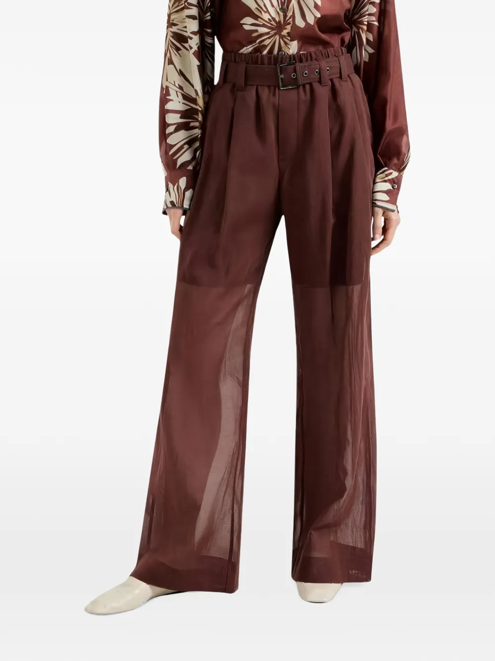 Brunello Cucinelli belted sheer-panel trousers