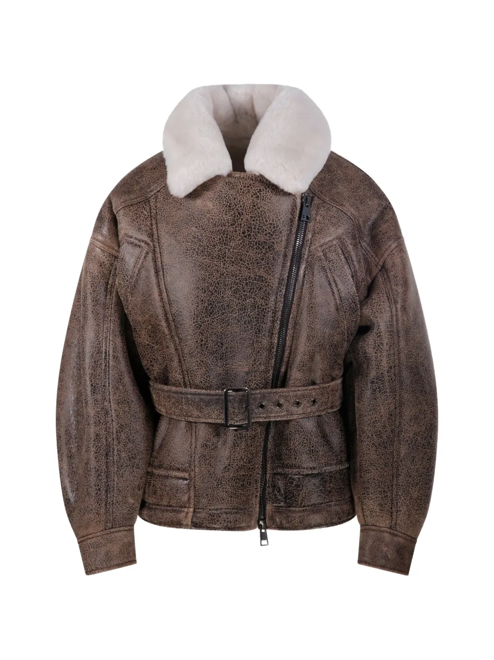 Blancha Belted Shearling-collar Jacket In Brown