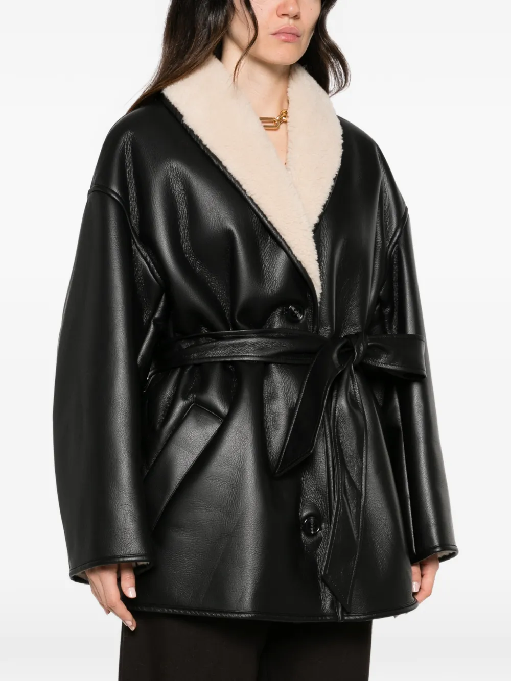 STAND STUDIO Kathi belted faux-shearling-trim jacket Zwart