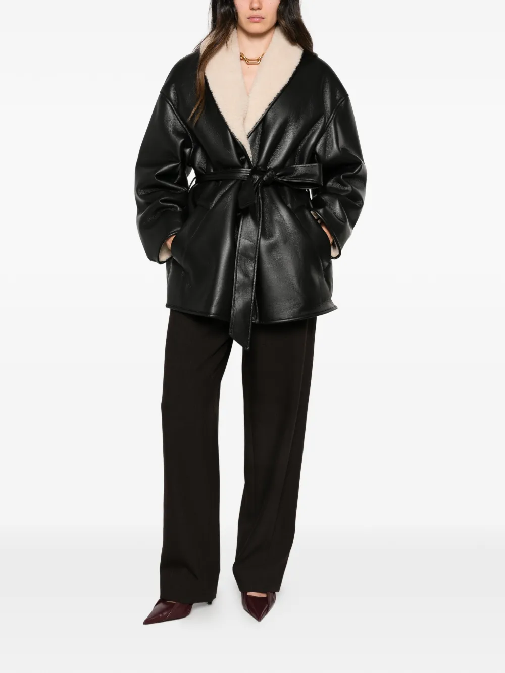 STAND STUDIO Kathi belted faux-shearling-trim jacket - Schwarz