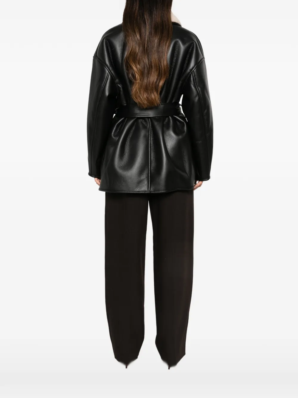STAND STUDIO Kathi belted faux-shearling-trim jacket Zwart