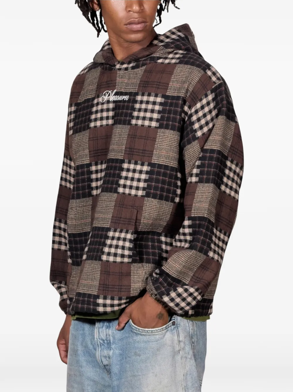 Pleasures Madras geruite hoodie met patchwork Bruin