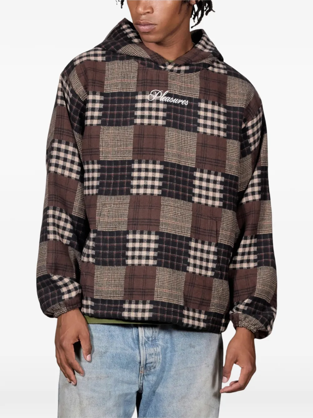 Pleasures Madras geruite hoodie met patchwork Bruin