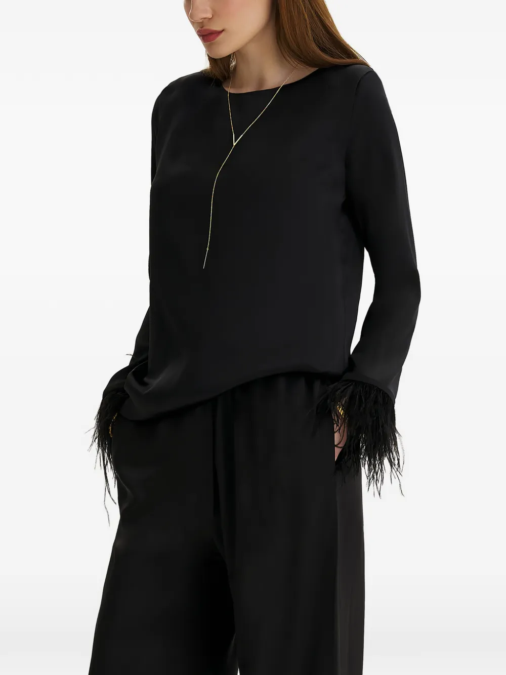 FRAMBOISE Demi feather-trim silk top