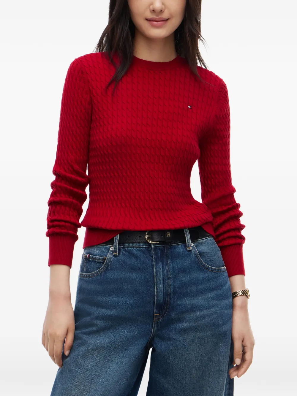 Tommy Hilfiger cable-knit logo-embroidered sweater Rood