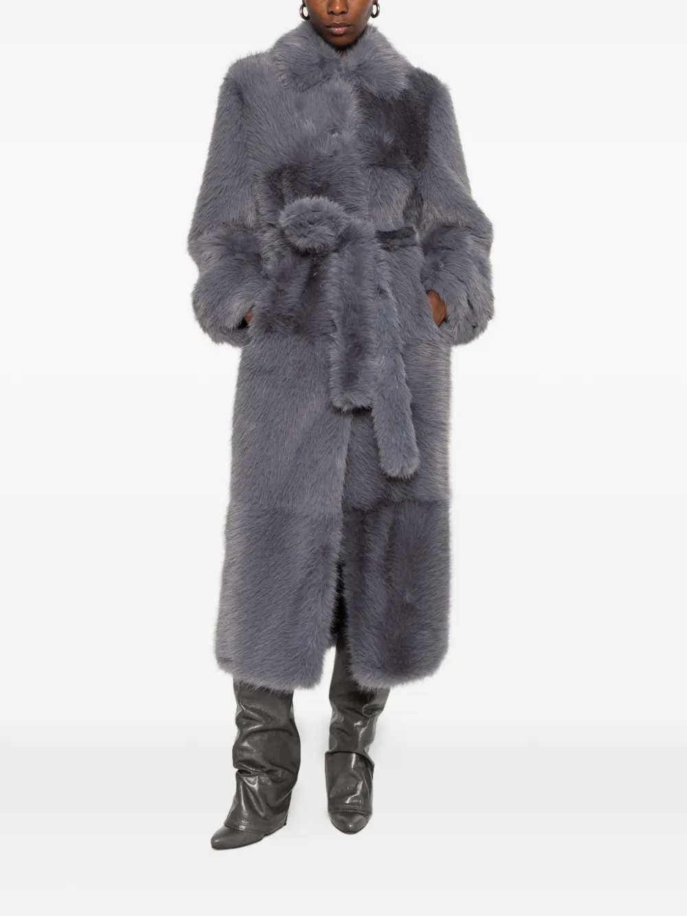 STAND STUDIO belted faux-fur coat Blauw