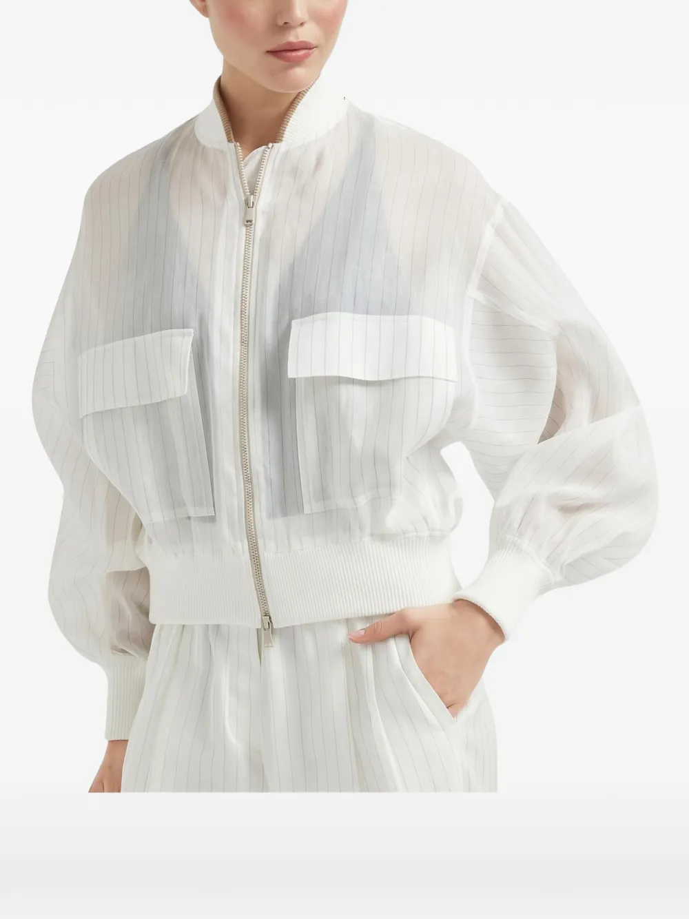 Brunello Cucinelli pinstripe-print zip-up jacket - White