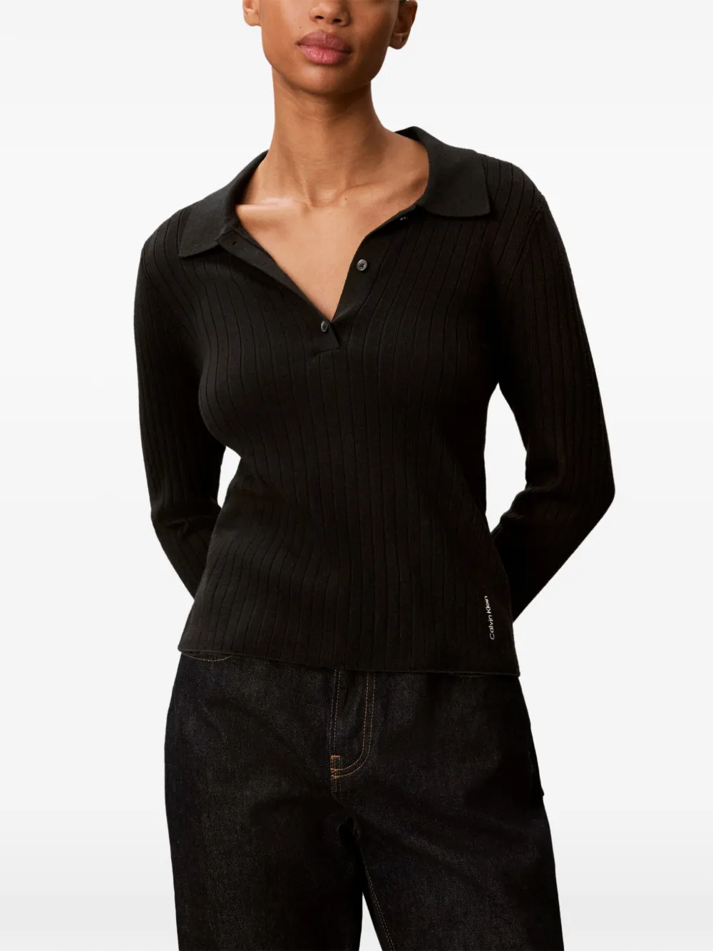 Calvin Klein ribbed-knit polo-collar sweater Zwart