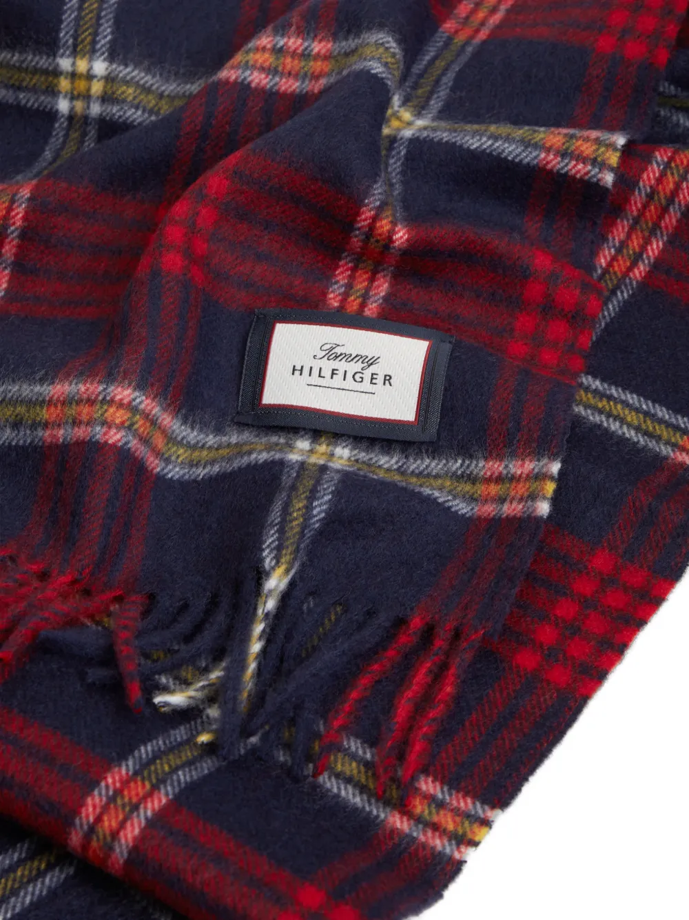 Tommy Hilfiger check-pattern fringed wool scarf Blauw