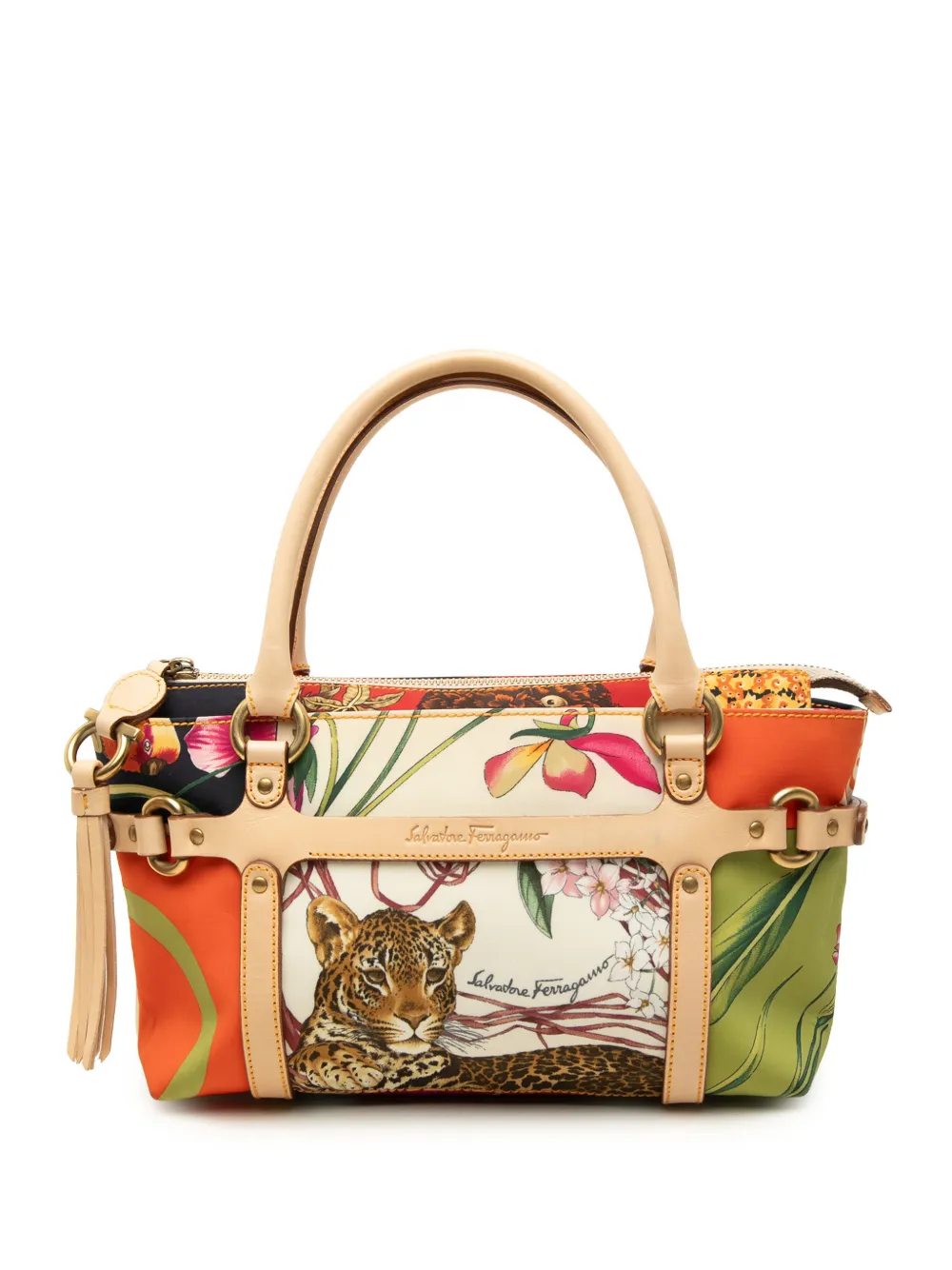 Ferragamo Pre-Owned 2000-2026 Printed Satin and Leather Fiera satchel - Multicolour