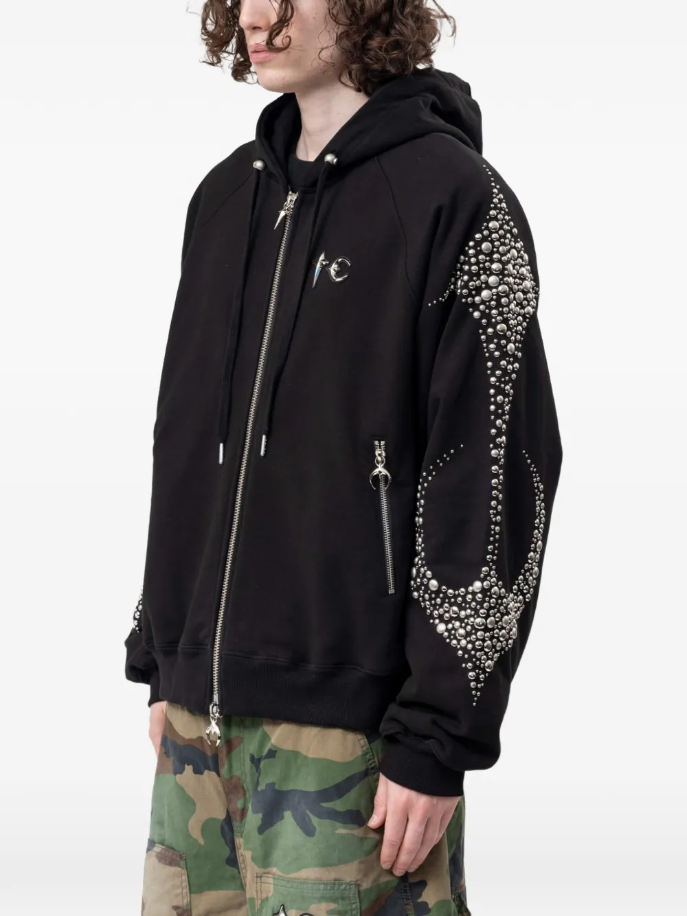 THUG CLUB Iron Steel Focus hoodie met rits en verfraaid met studs Zwart