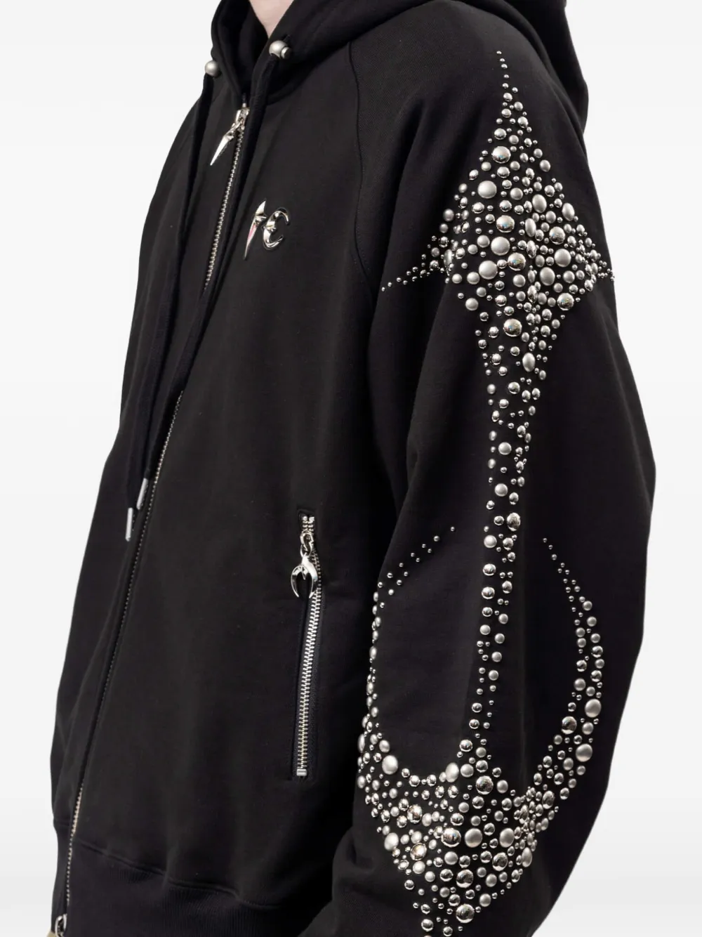 THUG CLUB Iron Steel Focus hoodie met rits en verfraaid met studs Zwart