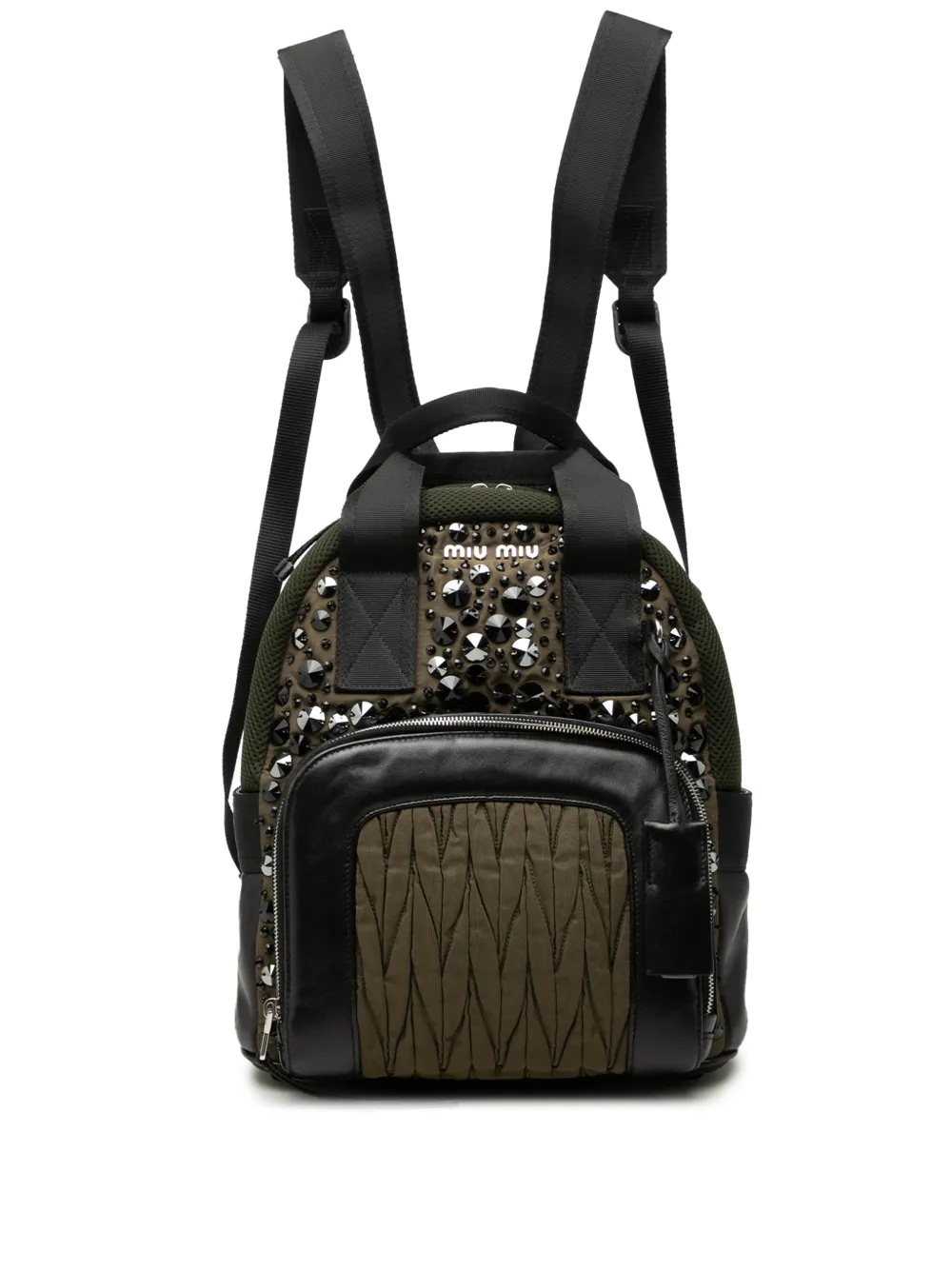 Miu Miu Pre-Owned 2010-2026 Leather Trimmed Crystal Embellished Matelasse Nylon backpack - Marrone