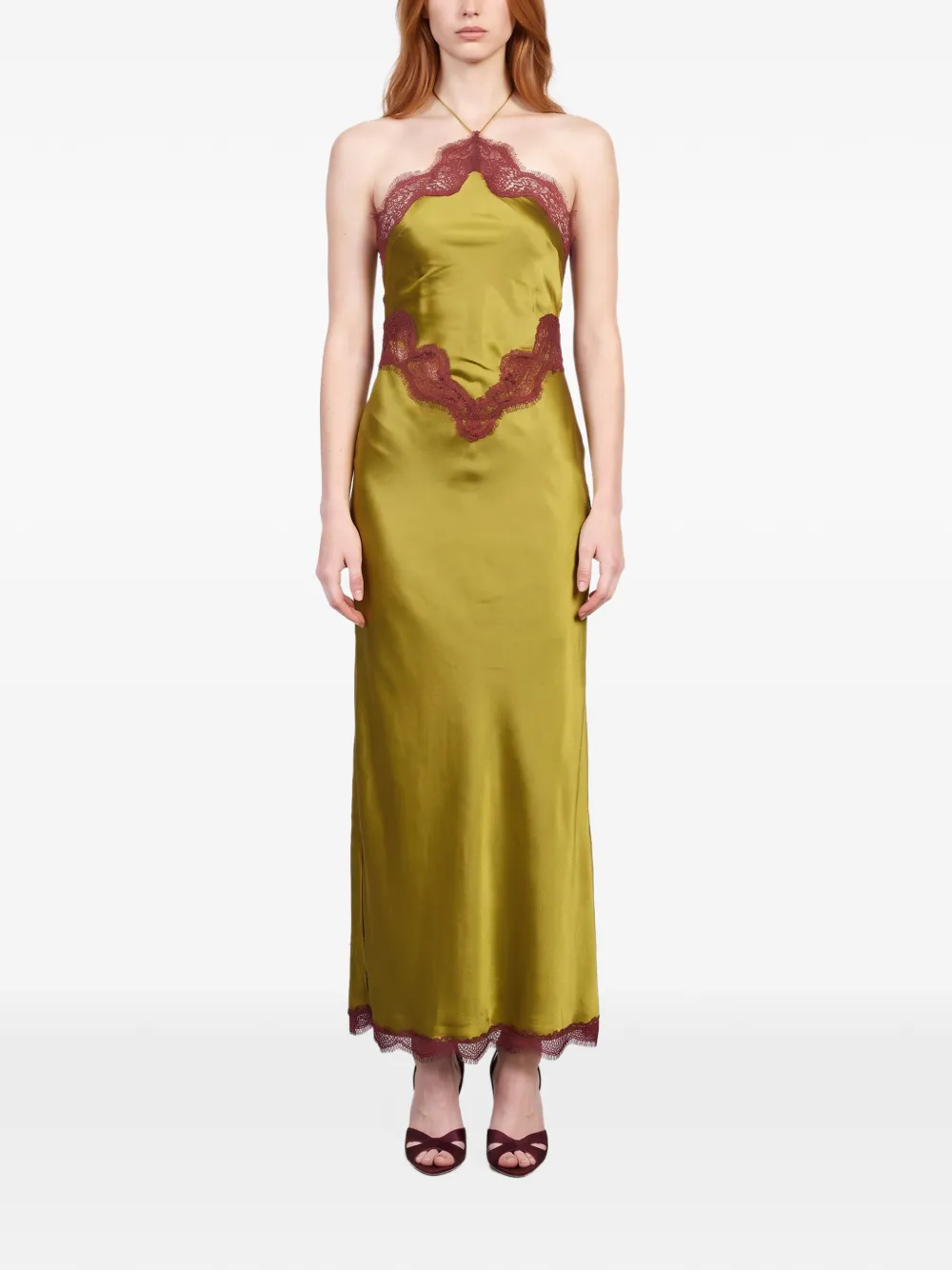 Retrofete Everly lace-trimmed halterneck maxi dress Groen