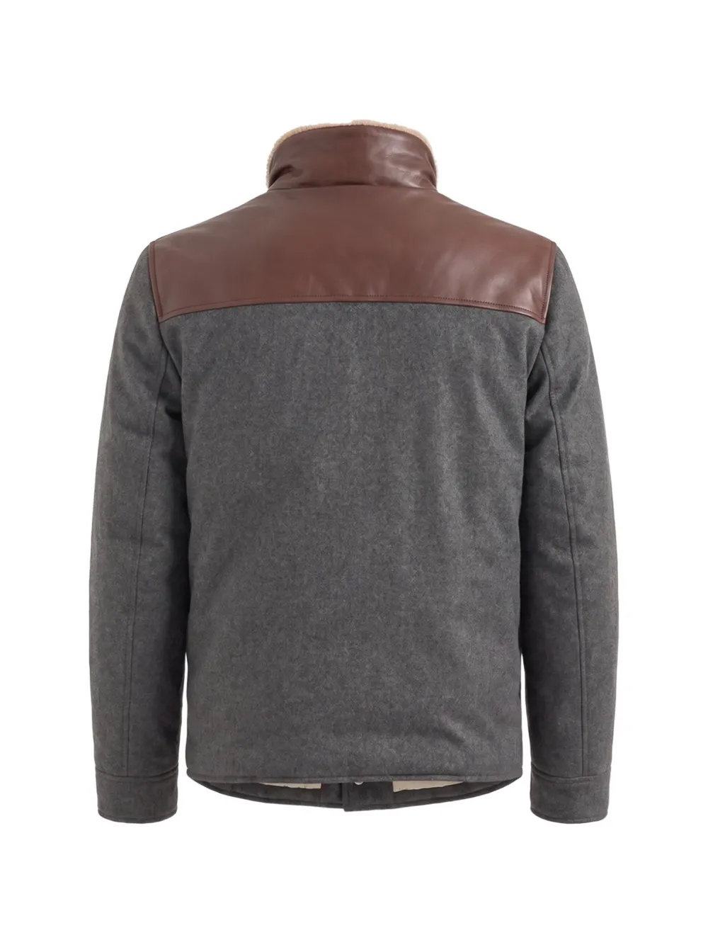 Brunello Cucinelli bonded wool flannel paneled down jacket with shearling collar Grijs