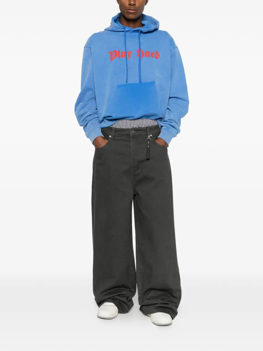 Dagger Slogan-print Distressed Hoodie In Blue