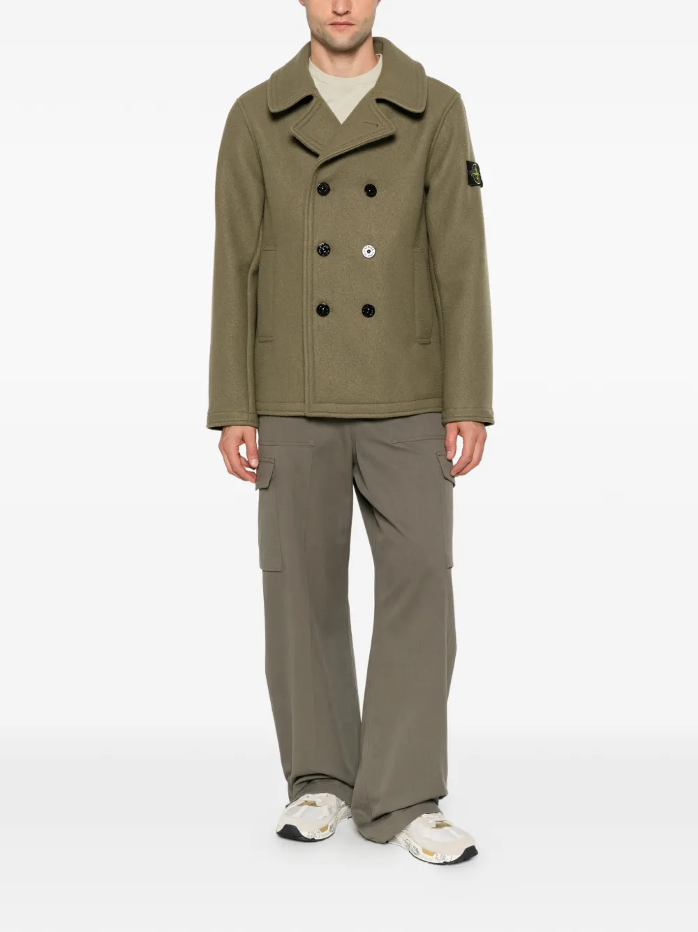 Stone Island double-breasted logo-patch jacket Groen
