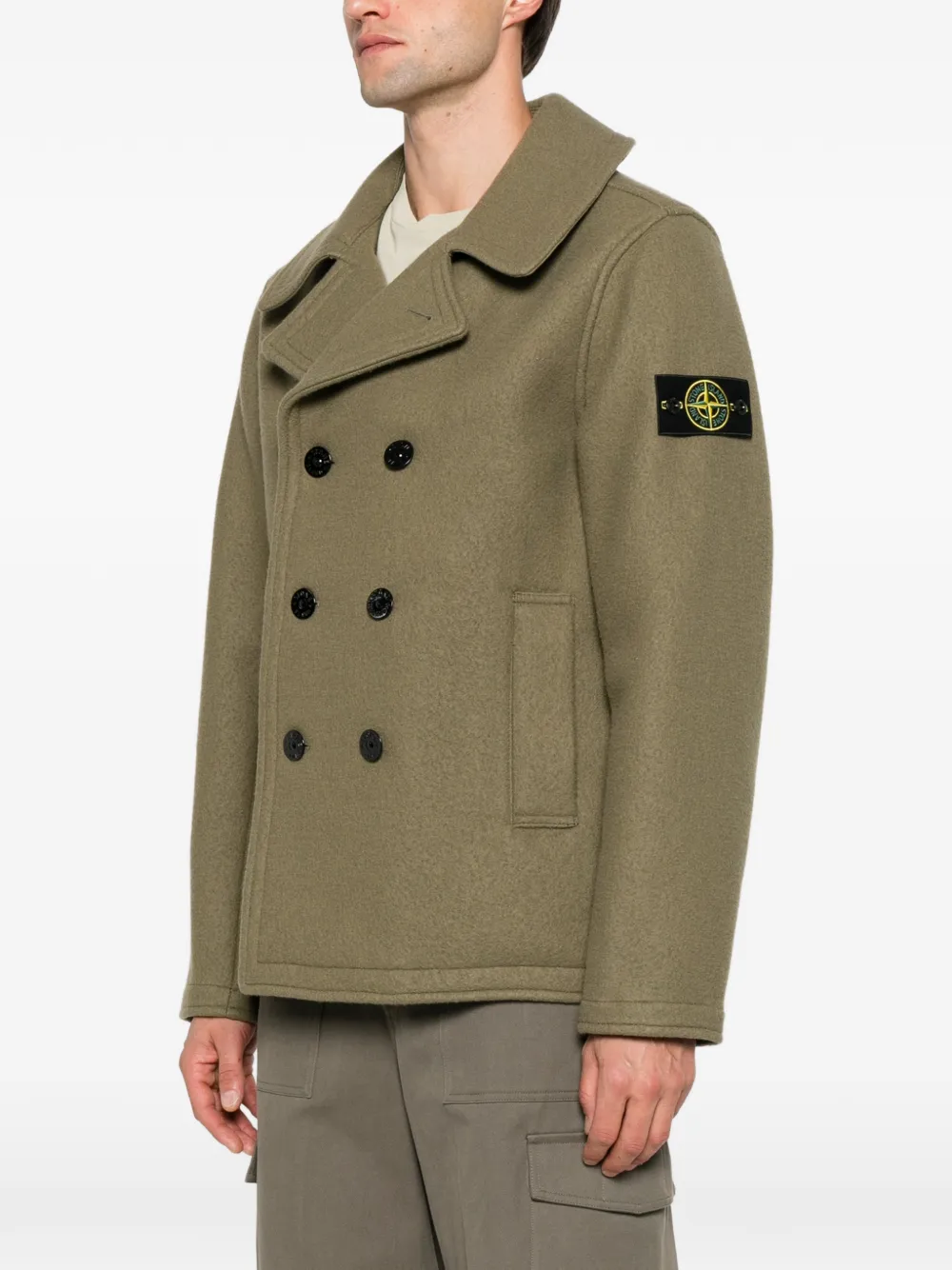 Stone Island double-breasted logo-patch jacket Groen
