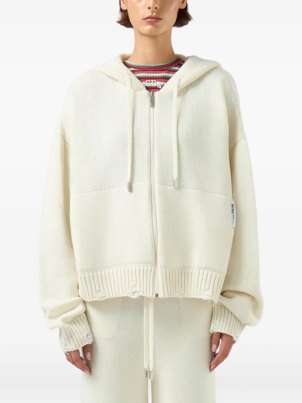 GCDS Gerafelde hoodie met geperforeerd logo Beige